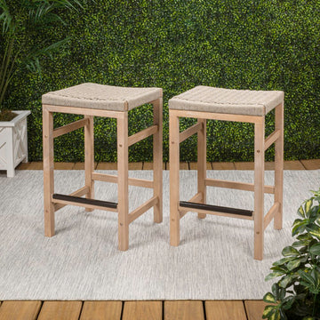 Armand 25.6" Modern Coastal Backless Acacia Wood Outdoor Counter Stool with Woven Rope Seat
